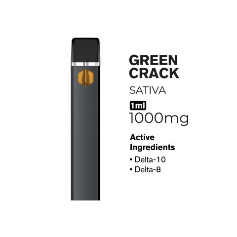 1000mg D10, D8 Vape Pen - Green Crack - Sativa - 1ml - Hyper - Thumbnail 4